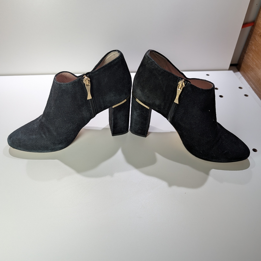 kate spade Black Suede Ankle Booties with Gold Zip Detail